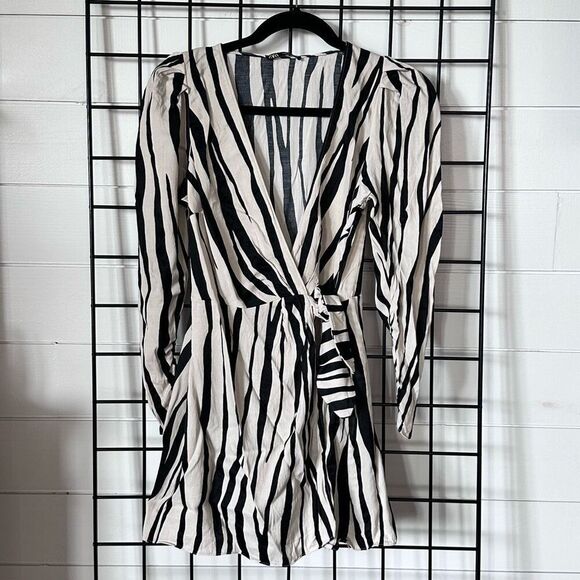 Zara Pants - Zara‎ Zebra Print Wrap Around Romper Mini Dress Womens M Black Cream Boho